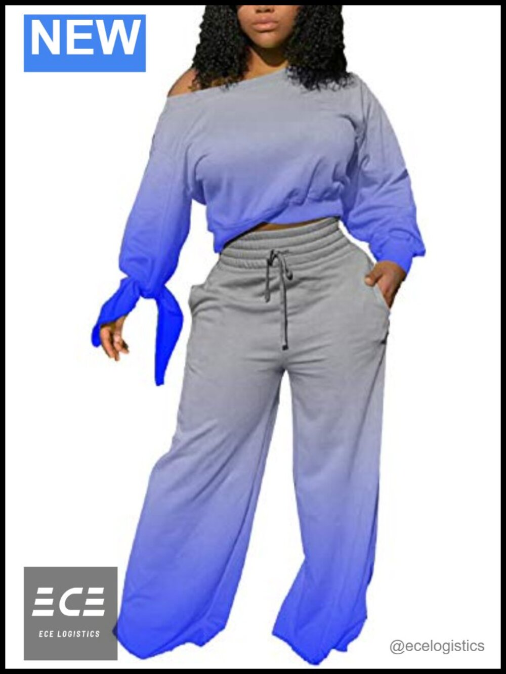 Two Piece Sweatsuit Set Off Shoulder Wide Leg Pants Pockets Women